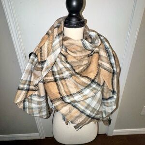 Cozy Plaid Tan and White Blanket Scarf